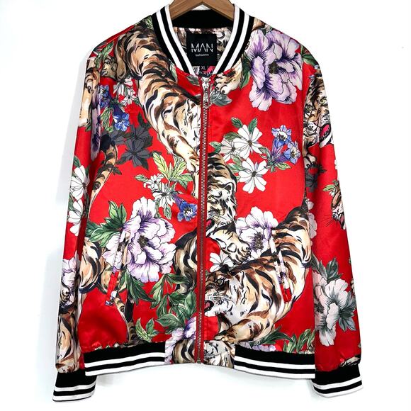 BoohooMAN Floral Tiger Sateen Bomber Jacket - Picture 1 of 12